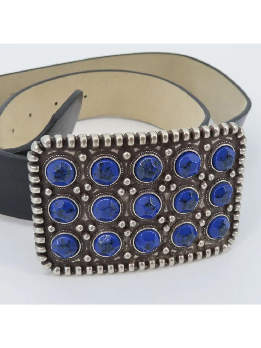 Chicos Small Black Genuine Leather Silver Tone Metal Blue Stud Belt Western Boho